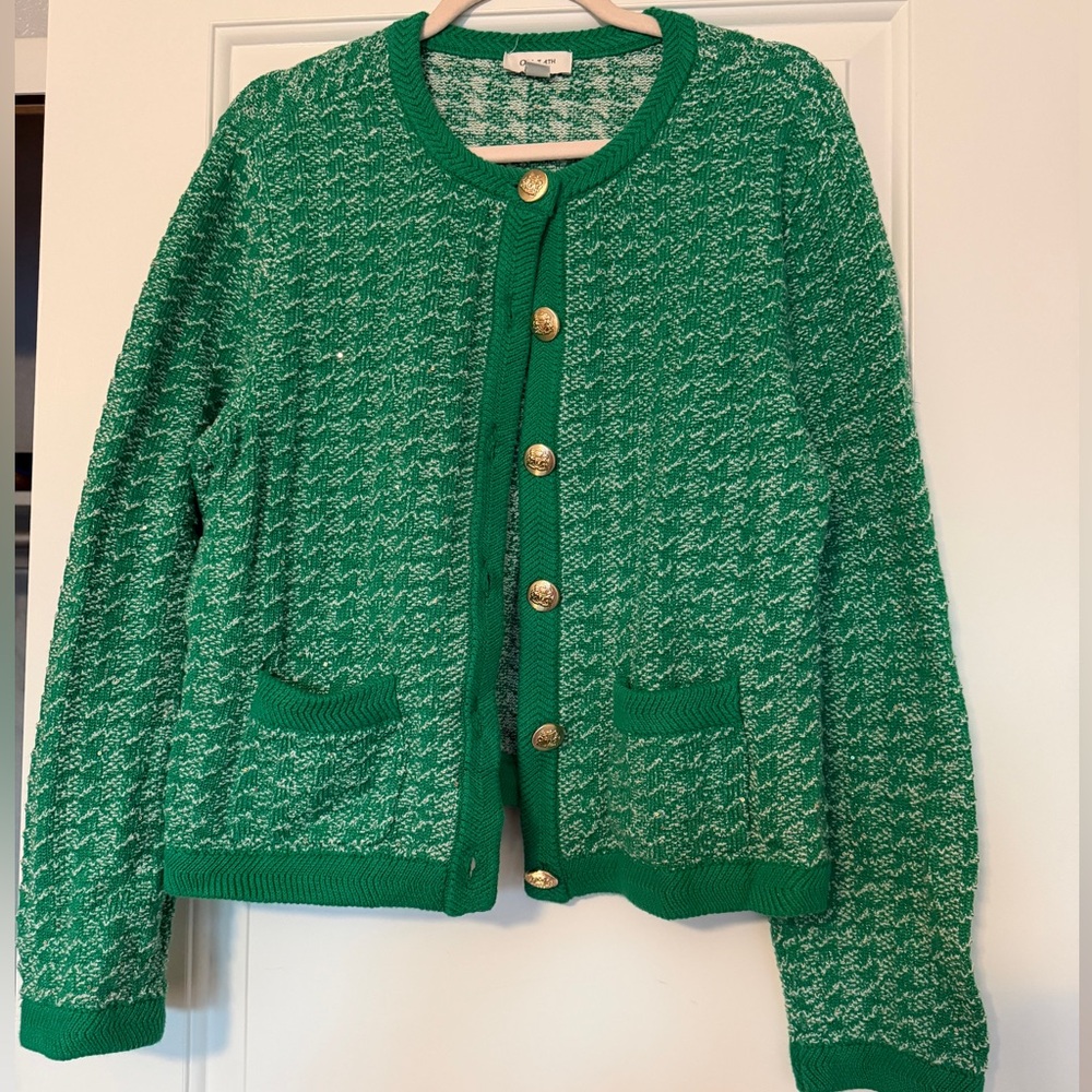 On 34th Green Woven Cardigan with Gold Buttons Sz L